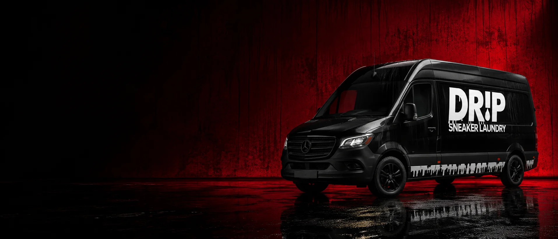Black Drip Sneaker Laundry delivery van against a dark red background